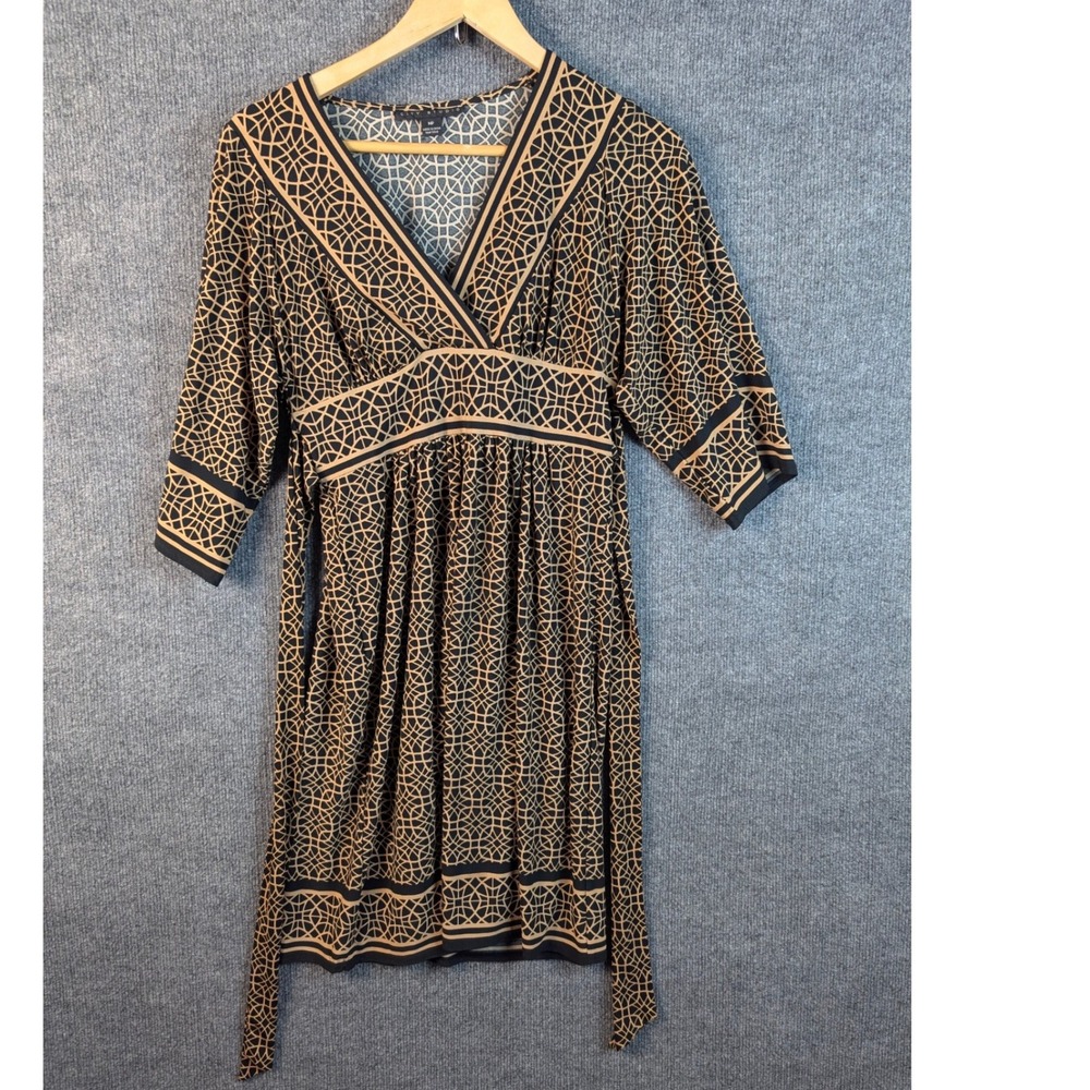Y2K City Studio Dress M Petite Tan Black Geometric V-Neck BabyDoll Tie Back